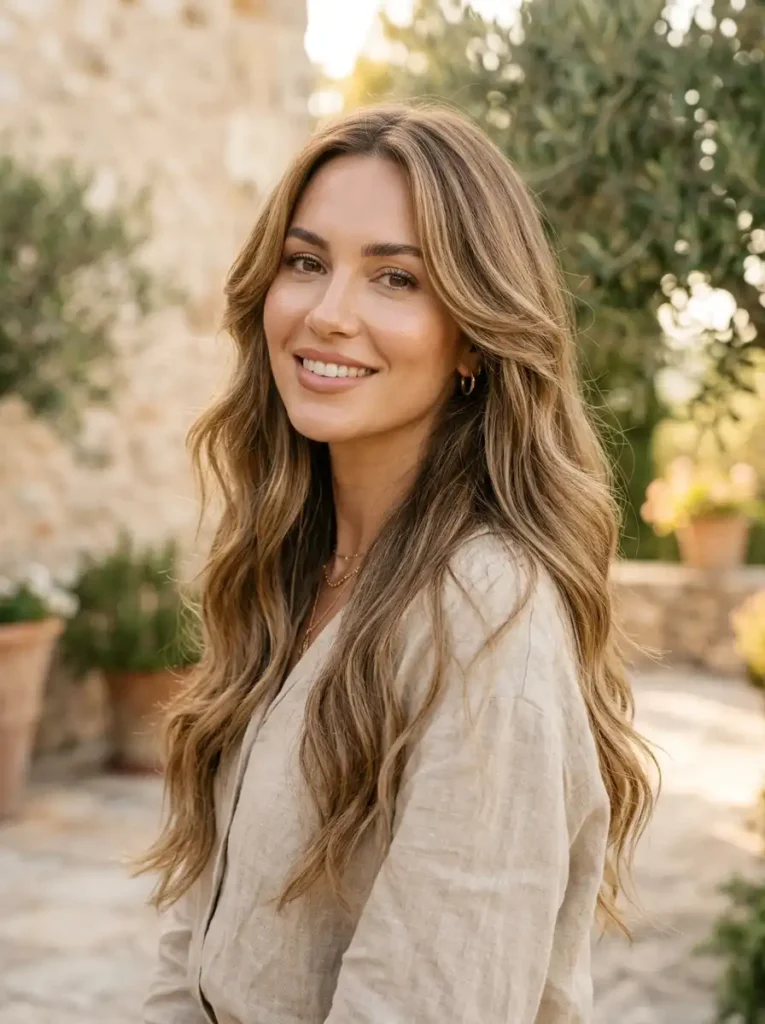 Oval face shape with long beachy waves and face-framing layers
