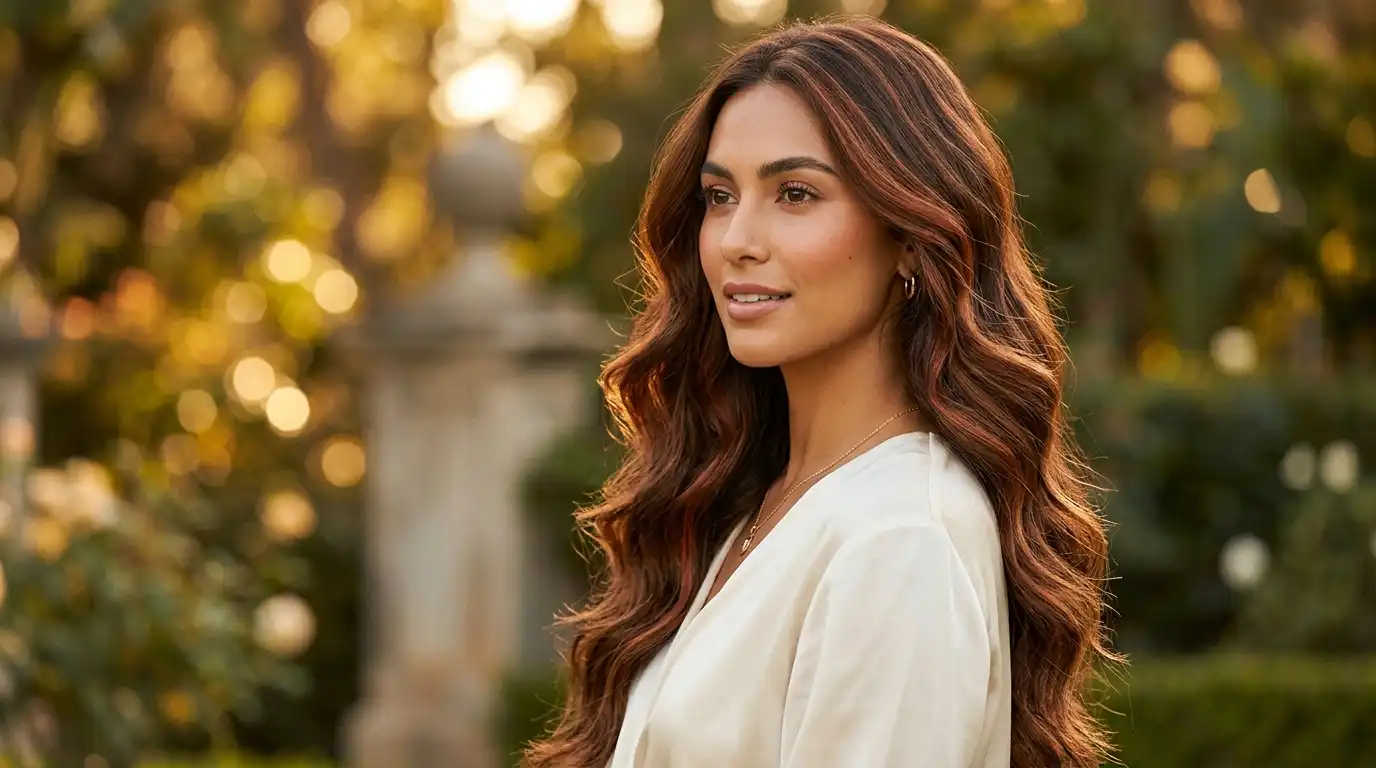 Woman with long wavy brown hair with red highlights showing warm copper and auburn tones in golden hour natural light