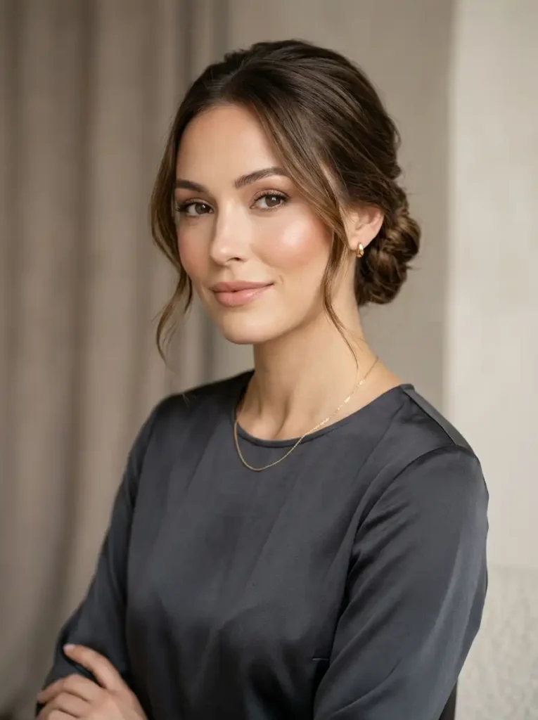 Oval face shape styled in a low bun updo highlighting the cheekbones
