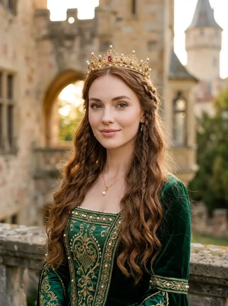 Medieval queen hairstyle with long waves and side braids