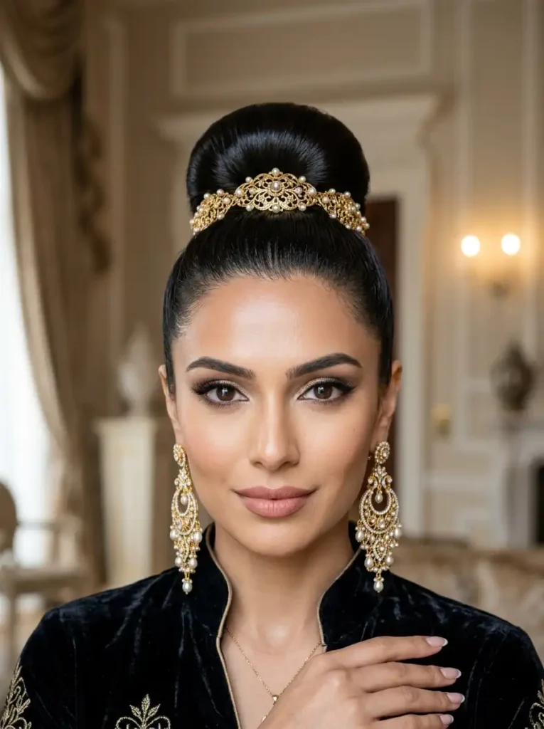 Regal top knot queen hairstyle with sleek high bun