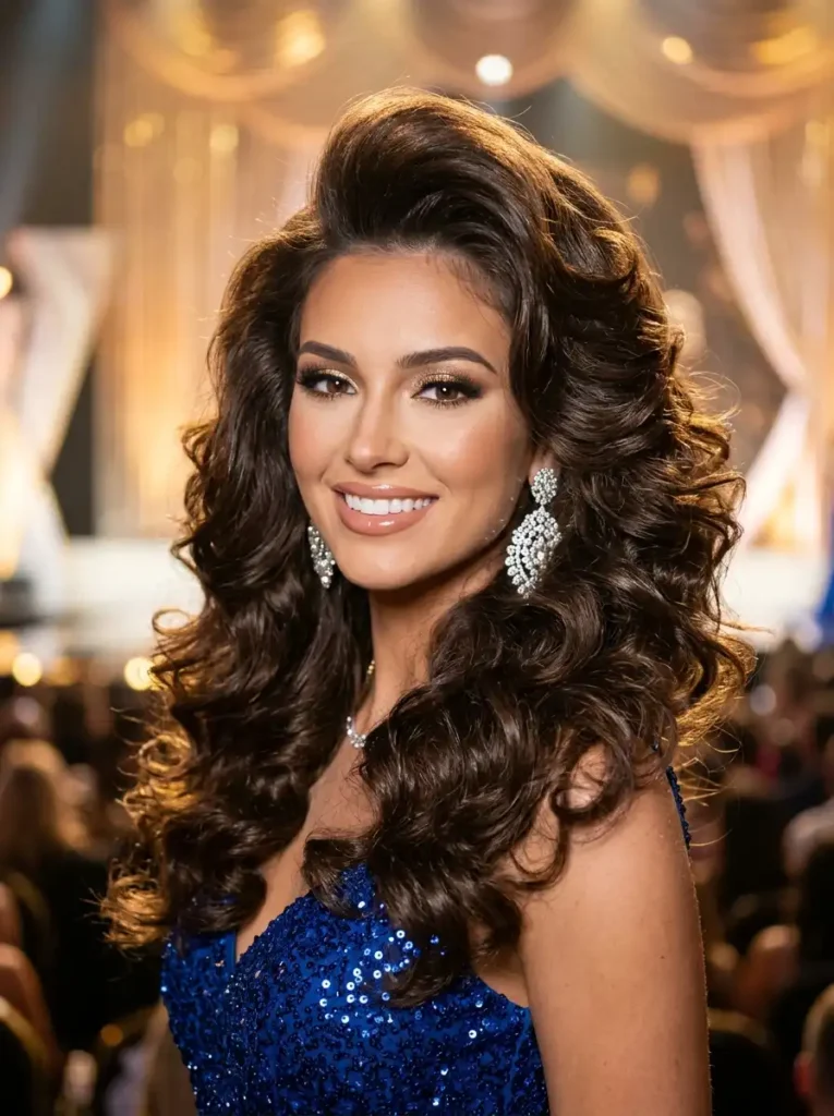 Voluminous pageant queen hairstyle with big glossy curls