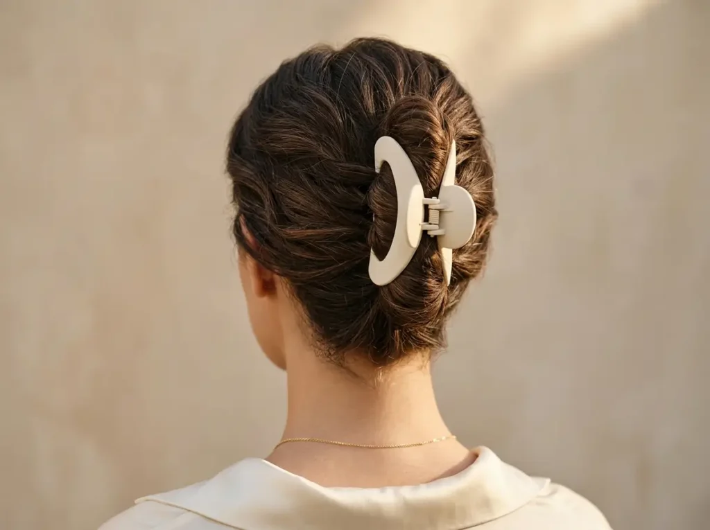  Elegant French twist hairstyle secured with professional claw clips.
