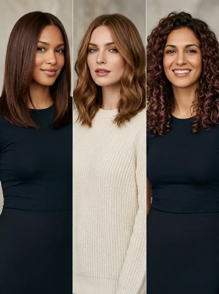 Subtle brown hair with red including warm chocolate honey brown and mahogany shades showing natural-looking dimension