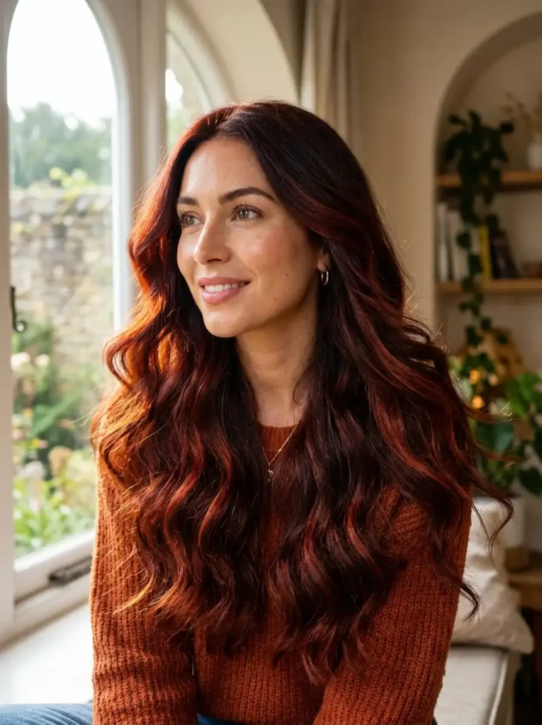 Dark auburn hair color showing subtle red and copper undertones in natural light