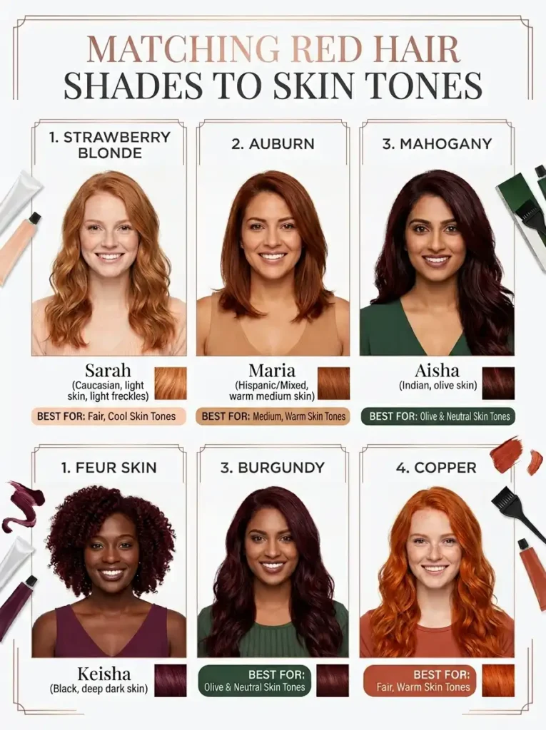 Different red hair shades matched to various skin tones from fair to deep complexions