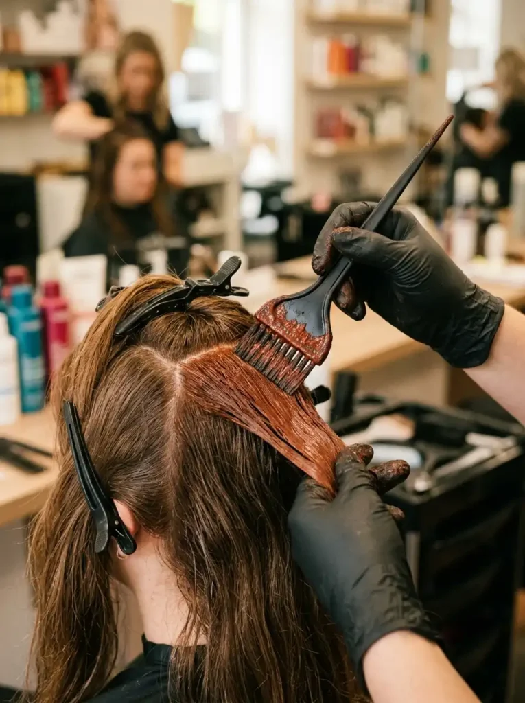 Professional salon application of red-brown hair dye with brush and sectioned hair