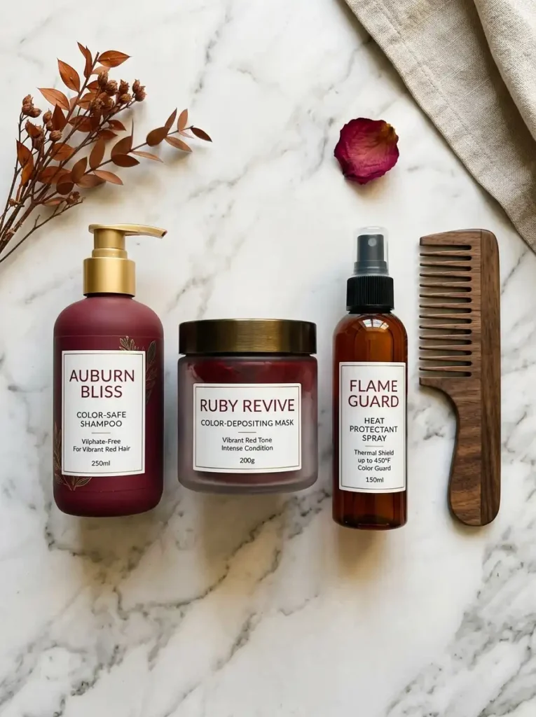 Red hair color maintenance products including color-safe shampoo and color-depositing mask on marble surface