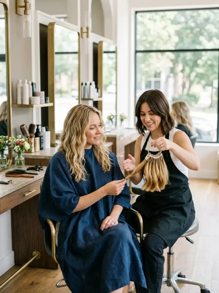 Kate Hudson hair salon inspiration with blonde color and layered cut ideas