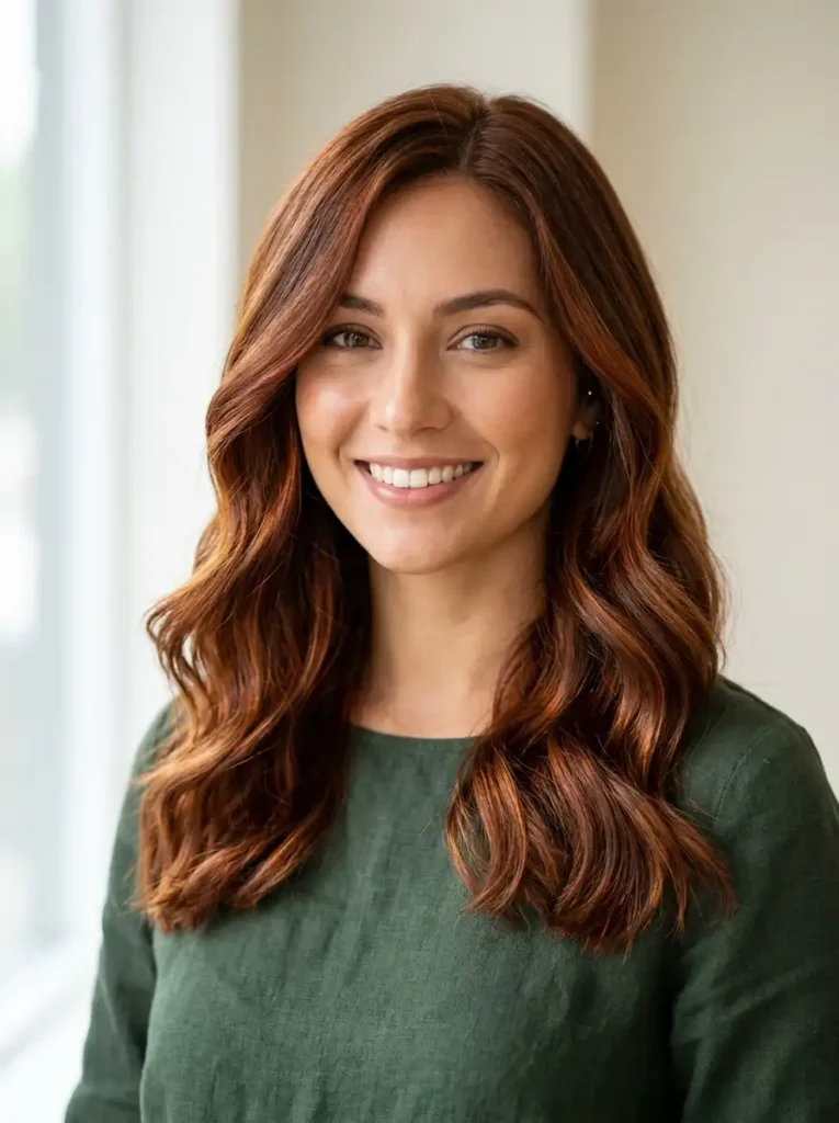 Rich auburn hair color with warm brown and copper blended tones on wavy hair