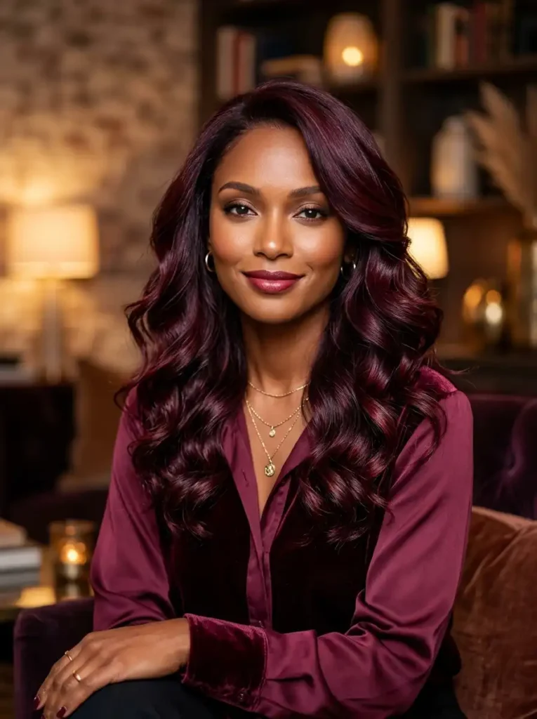 Deep burgundy hair color with wine and berry tones on soft curly hair