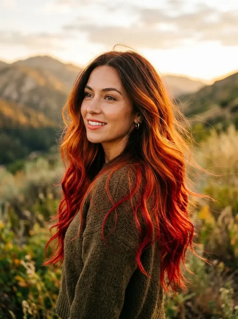 Fire ombré hair with dark roots melting into copper orange and bright red ends