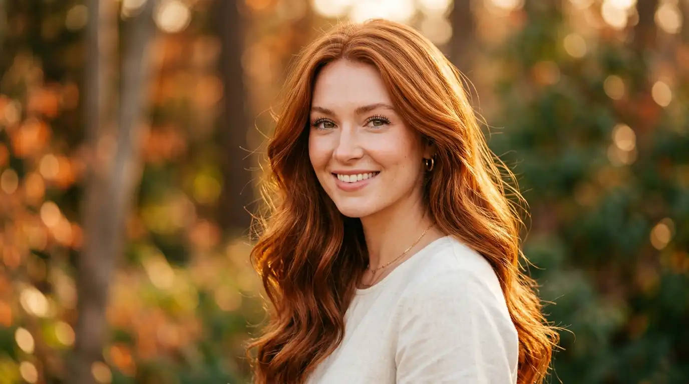 Beautiful woman with vibrant red hair color in natural sunlight showing copper and auburn tones