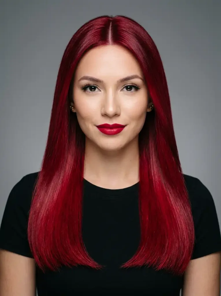 Vivid cool-toned cherry red hair color on sleek straight hair
