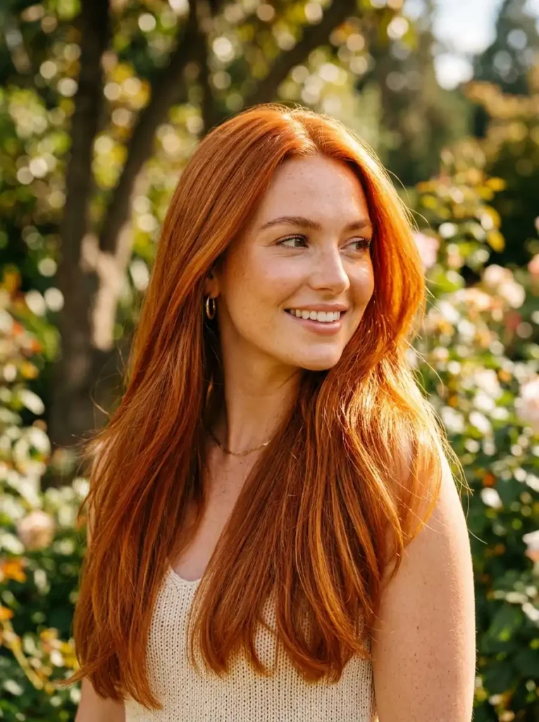 Bright copper red hair color with golden tones reflecting natural sunlight
