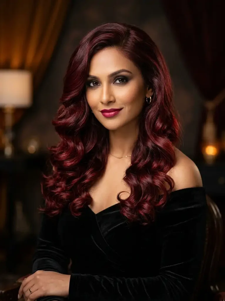 Luxurious red velvet hair color combining burgundy chocolate and deep red on voluminous curls