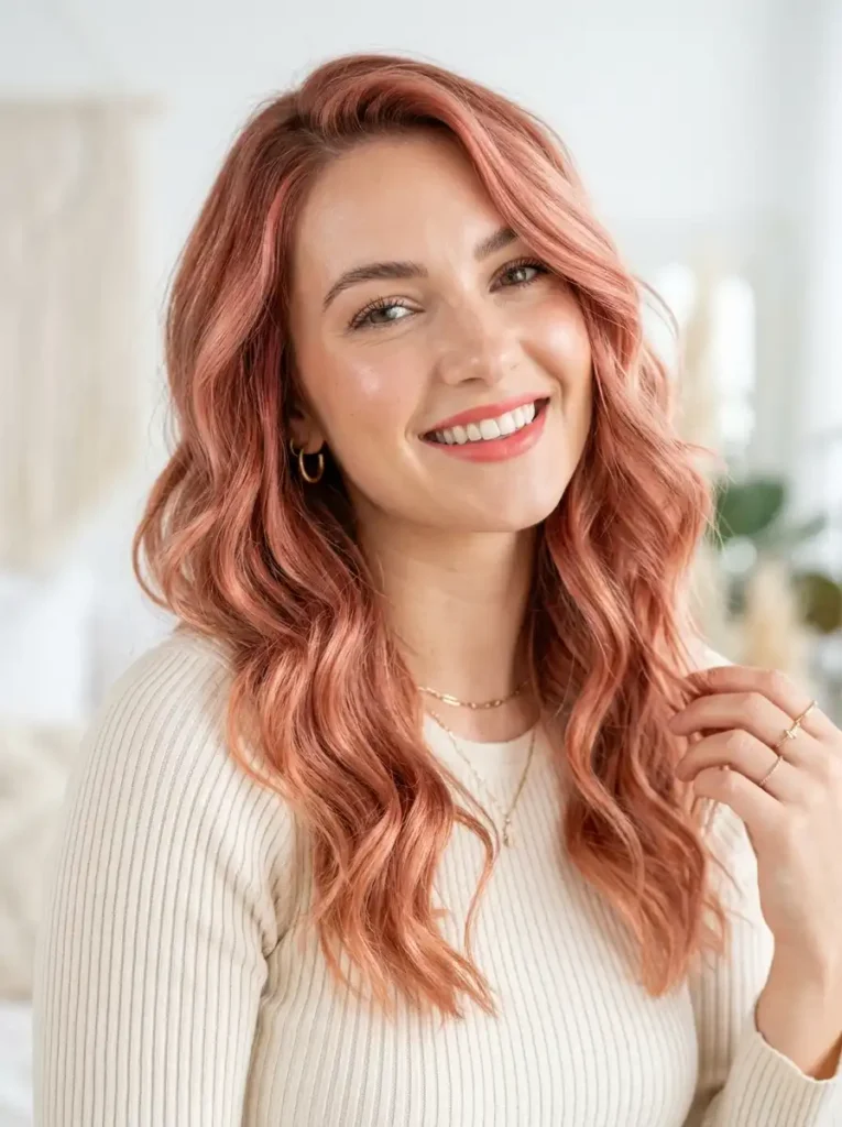  Trendy rose gold red hair color with soft pink copper and peach tones