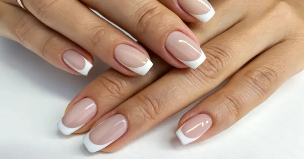 Perfect French manicure with white tips and nude base on natural nails