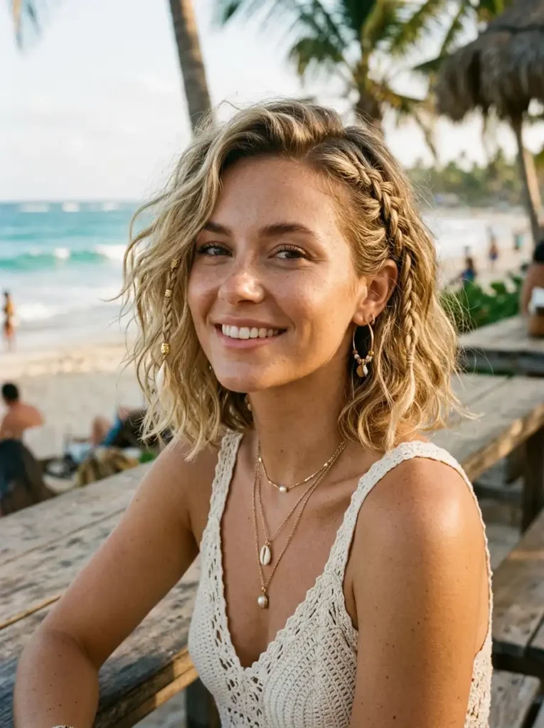 Boho short braids hairstyle with loose waves