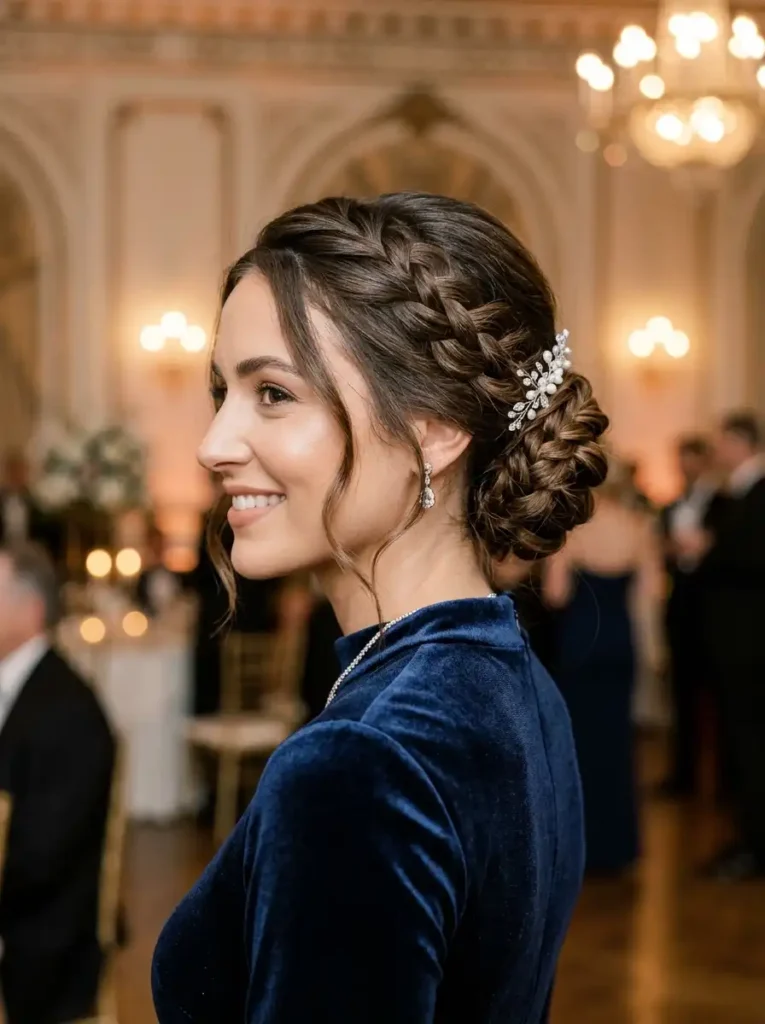 Braided low bun hairstyle for short hair