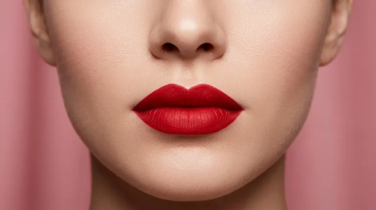 Professional bold red lipstick application for a luxury beauty look.