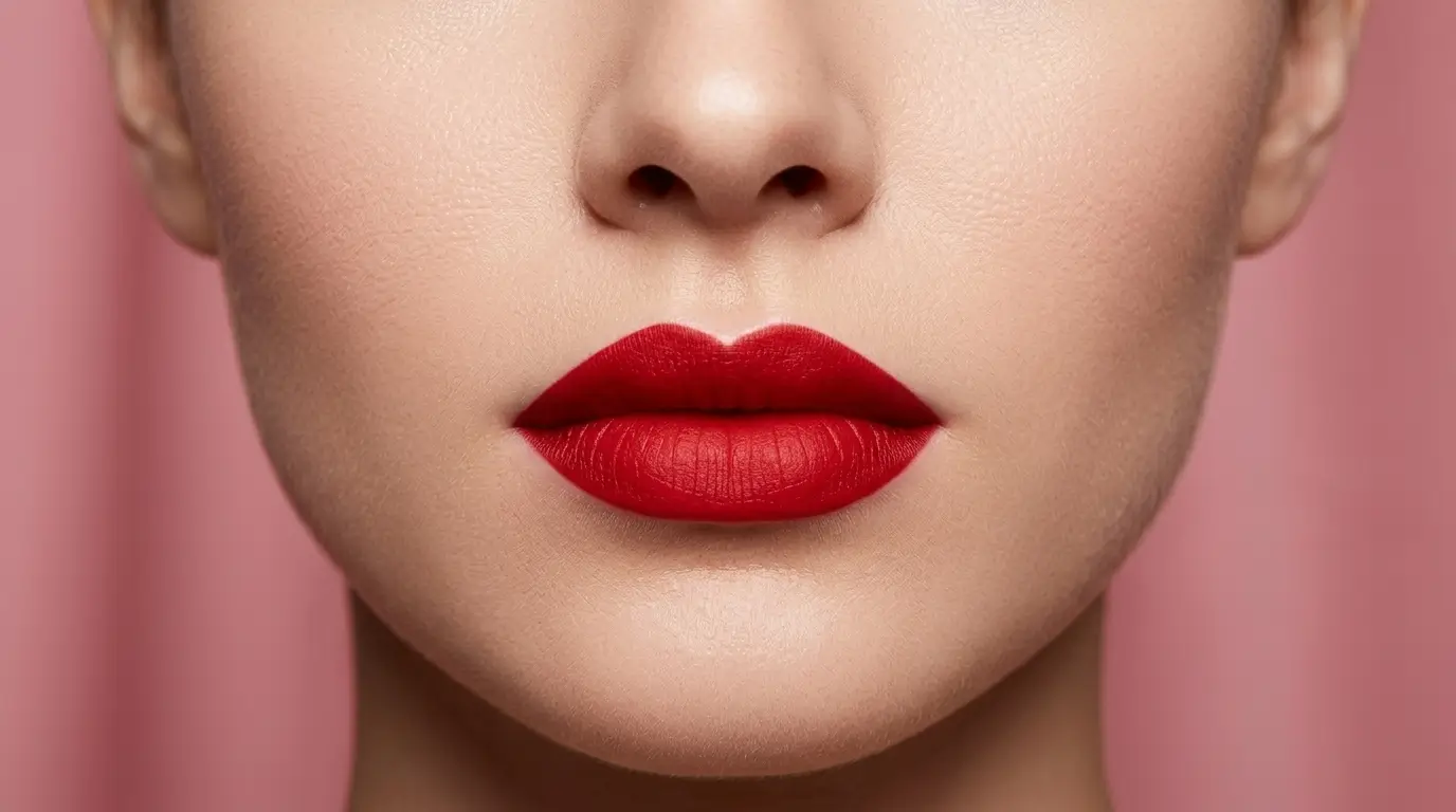 Professional bold red lipstick application for a luxury beauty look.