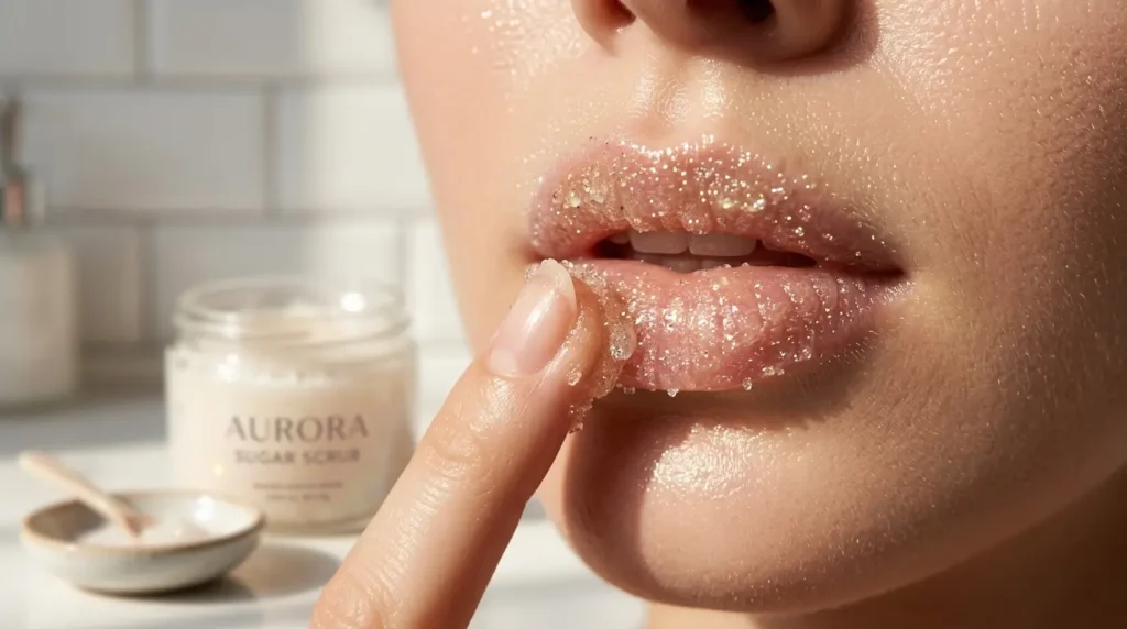 Prepping lips with a sugar scrub before lipstick application. How To Apply Lipstick