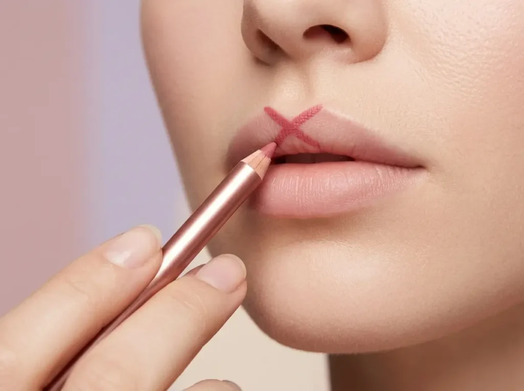 Using a lip liner to map the Cupid's bow with an X-shape. How To Apply Lipstick