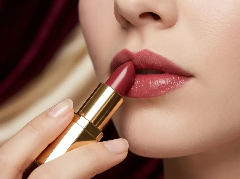 Applying a creamy bullet lipstick for a professional finish. 