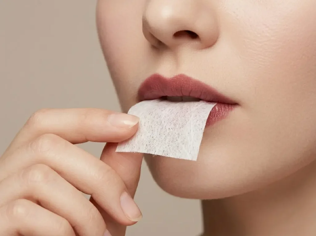 Blotting lipstick with a tissue for a long-lasting matte effect. 
