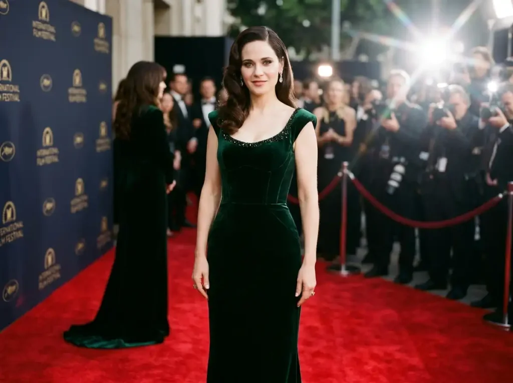 Zooey Deschanel without bangs elegant red carpet hairstyle in 2026.