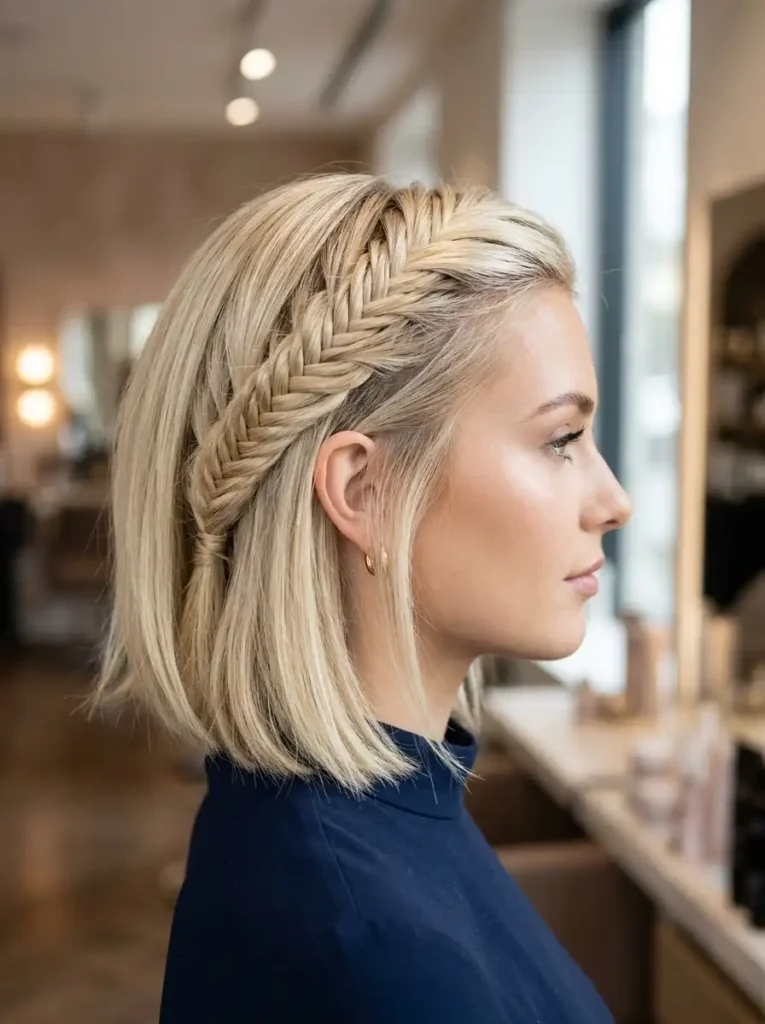 Fishtail braid hairstyle for short blonde hair