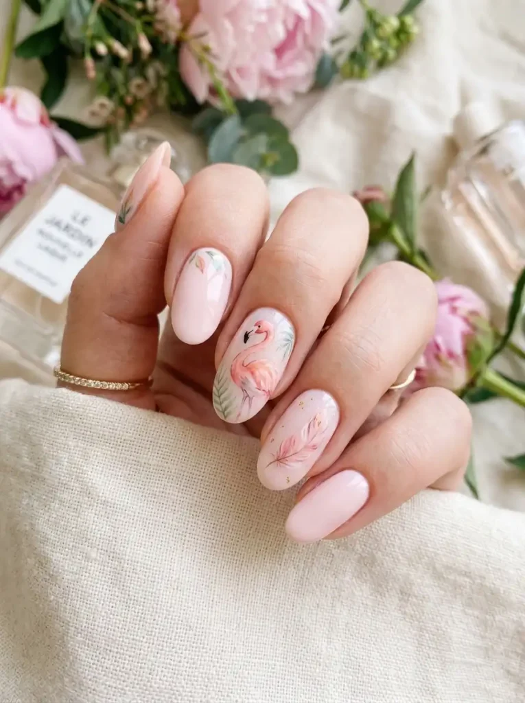 Sophisticated flamingo-themed oval nail designs.