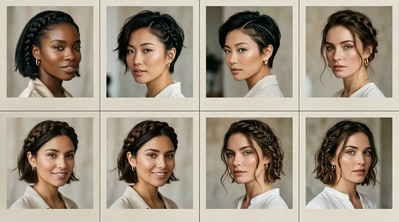 Collage of trendy short braids hairstyles for women with short hair