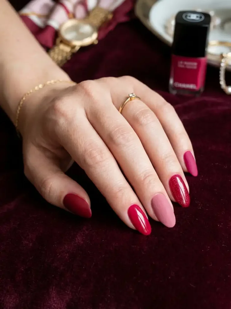 Pink and red palette manicure on oval shaped nails.