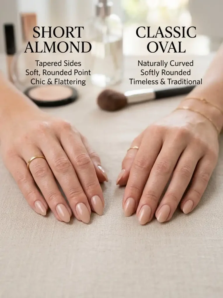 Comparison between short almond shaped nails and oval nail designs.