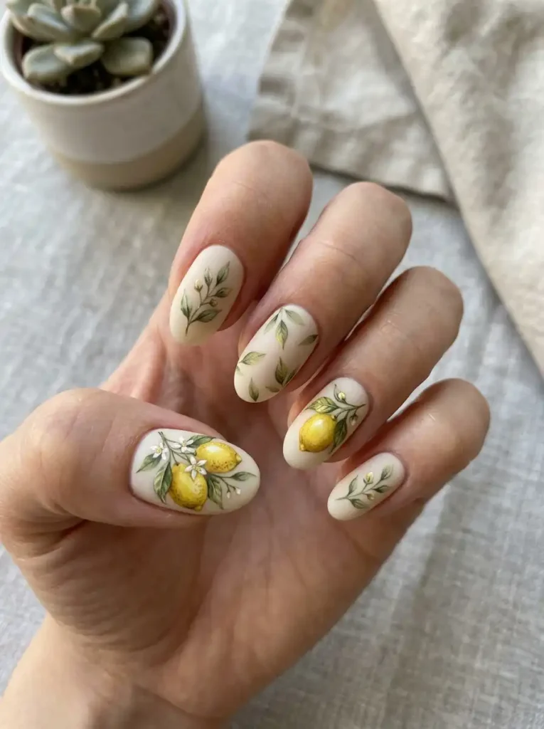 Realistic fruit nail art designs for oval nails.