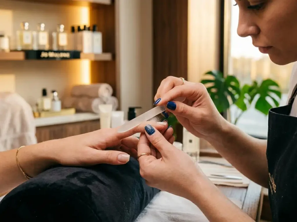 Professional nail filing technique for customizing shapes.