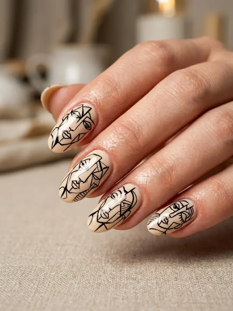 Artistic nail art designs for oval nails with abstract lines.