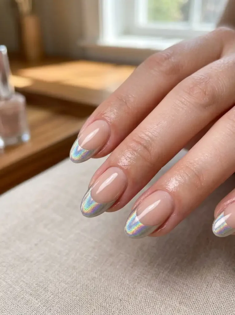 Shimmering holographic accents on oval nail designs.