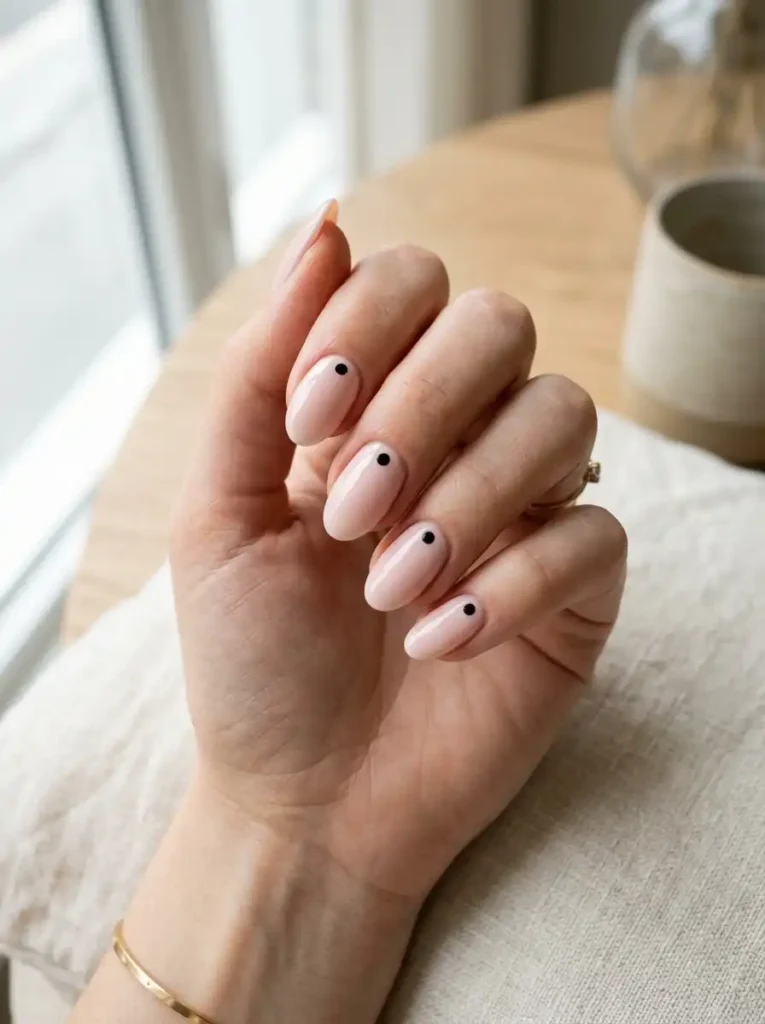 Minimalist nail art on oval nails with chic polka dots.