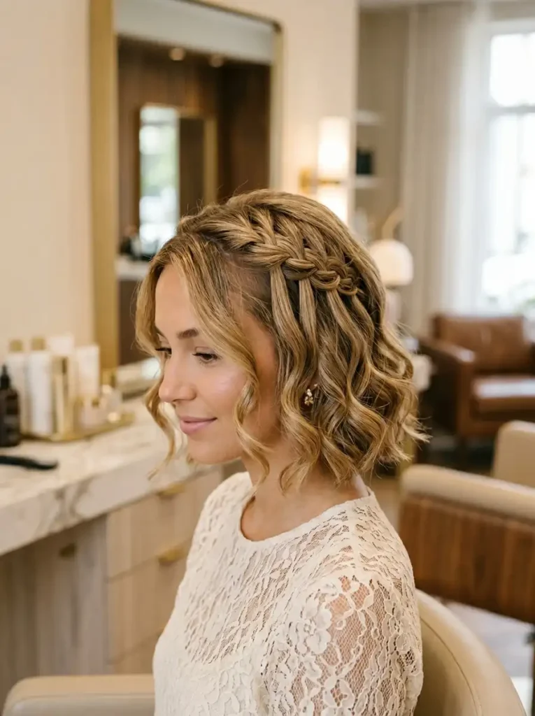 Waterfall braid hairstyle on short bob hair