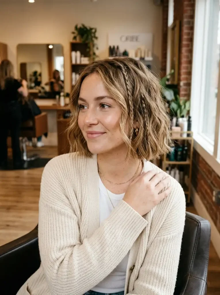 Mini braids on short wavy hairstyle