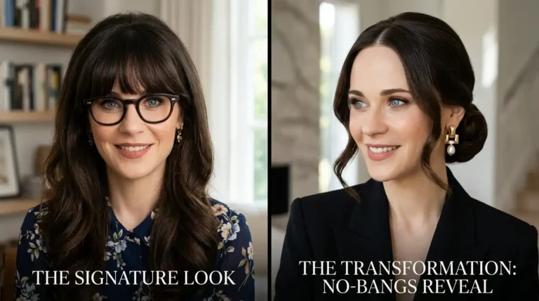 Split-screen comparison of Zooey Deschanel with bangs and without bangs signature style.