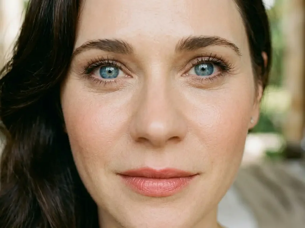 Close-up of Zooey Deschanel without bangs showing a sophisticated forehead-reveal look.