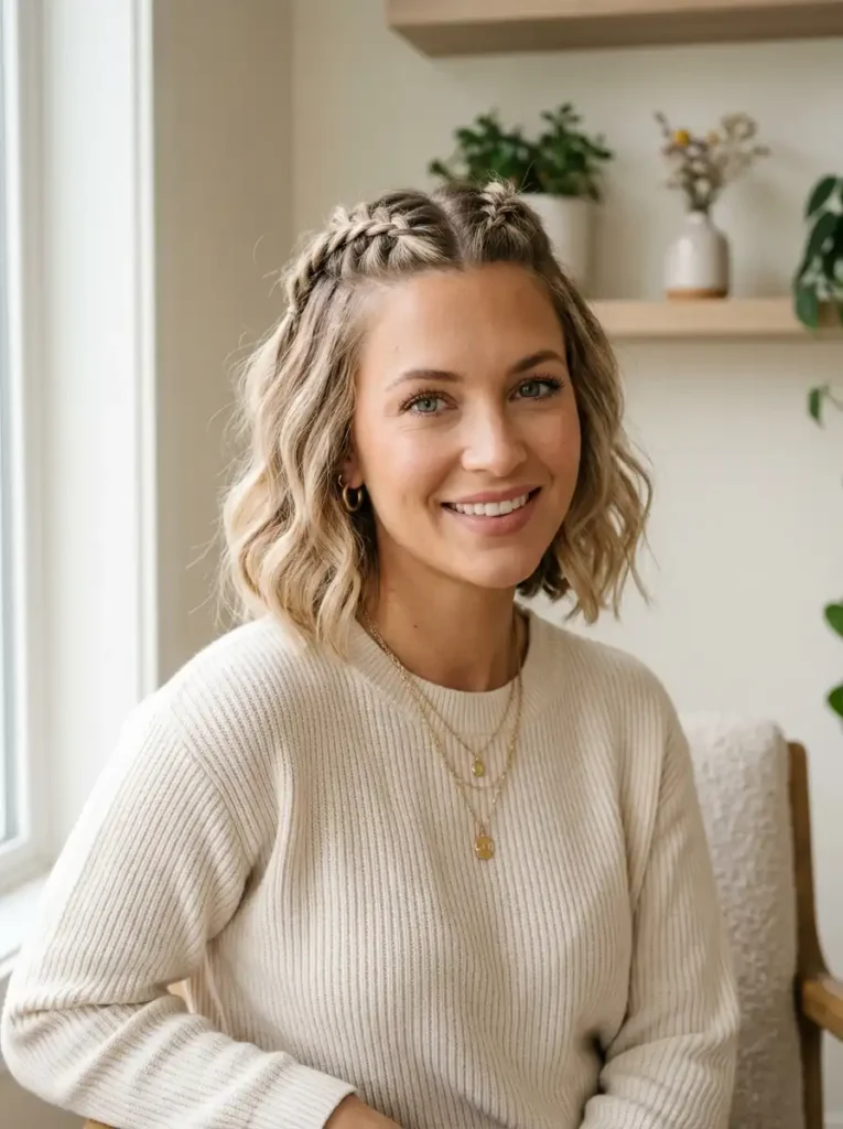 Half up braided hairstyle on short wavy hair