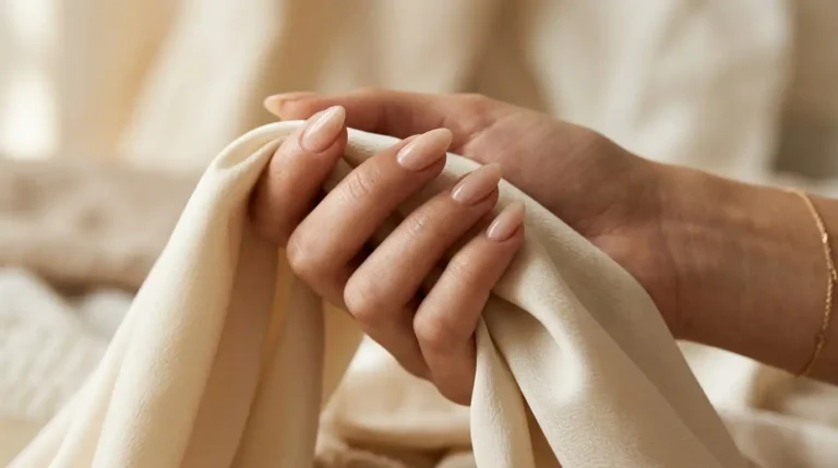 Luxury almond nail shape manicure with nude polish.