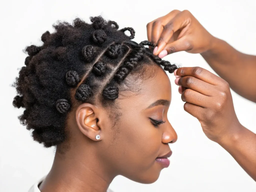 close up hands creating small bantu knots on natur