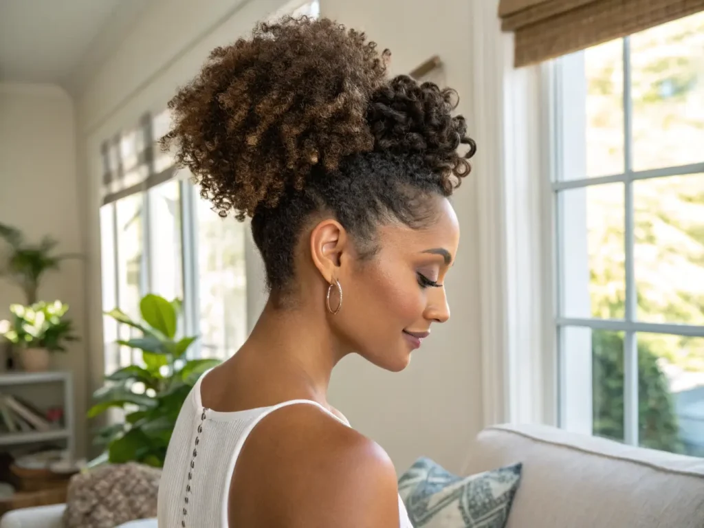 prompt woman with high pineapple updo showcasing