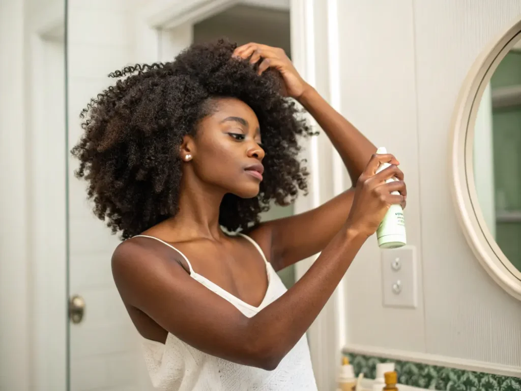young black woman with type 3c curls applying leav